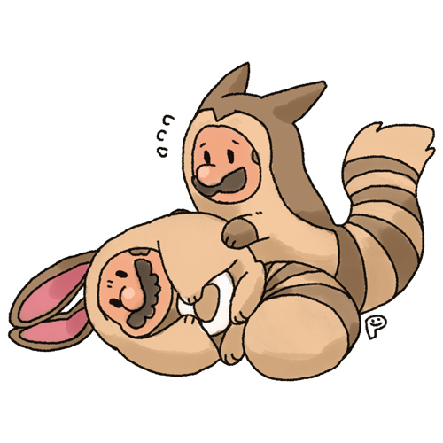 2boys, alternate_costume, animal_costume, animal_ears, big_nose, black_eyes, brothers, commentary_request