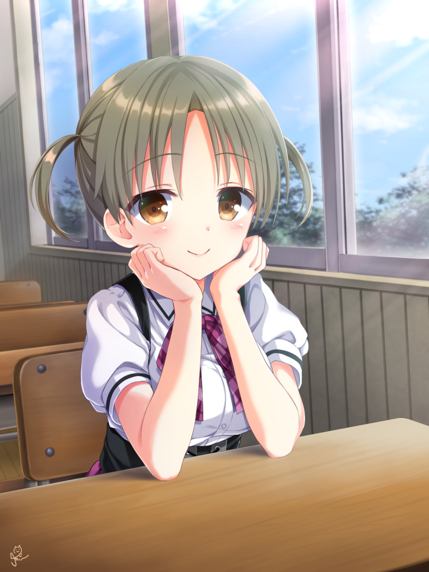 1girl, blush, bow, brown_eyes, c:, chaamii, classroom, closed_mouth