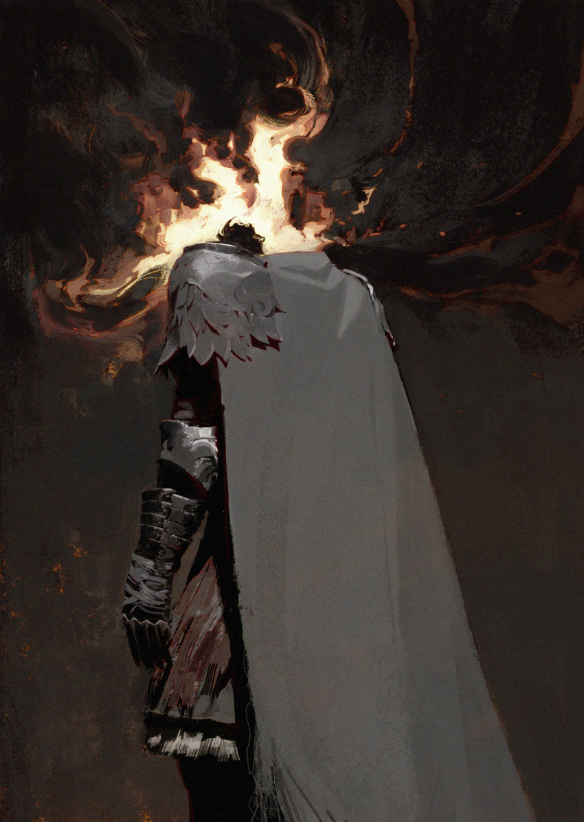 1other, absurdres, armor, brown_background, cape, elden_ring, fire, from_behind