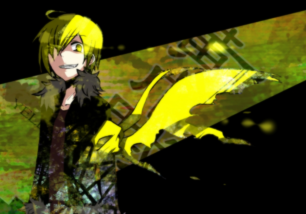 durarara!!, grin, kida_masaomi, kona_sleipnir, short_hair, smile, solo, yellow_eyes