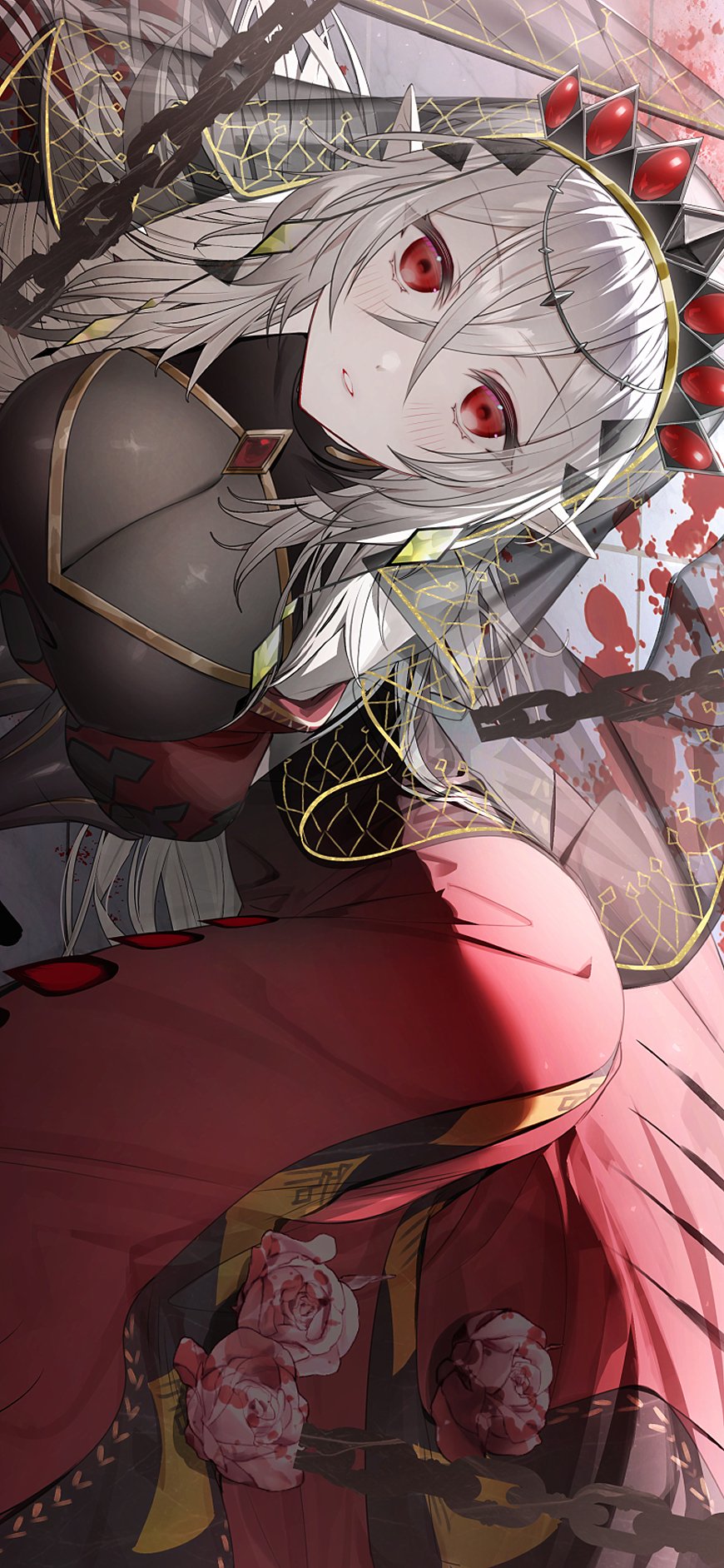 1girl, blazing_cartesia_the_virtuous, breasts, chain, cleavage_cutout, clothing_cutout, crossed_bangs, detached_sleeves