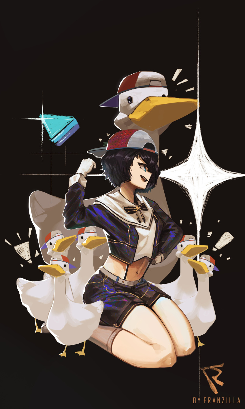 !, 1girl, absurdres, artist_name, backwards_hat, bird, black_background, black_hair