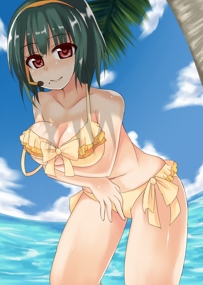 green_hair, hairband, headset, idolmaster, kagami_yuu, otonashi_kotori, ponytail, red_eyes
