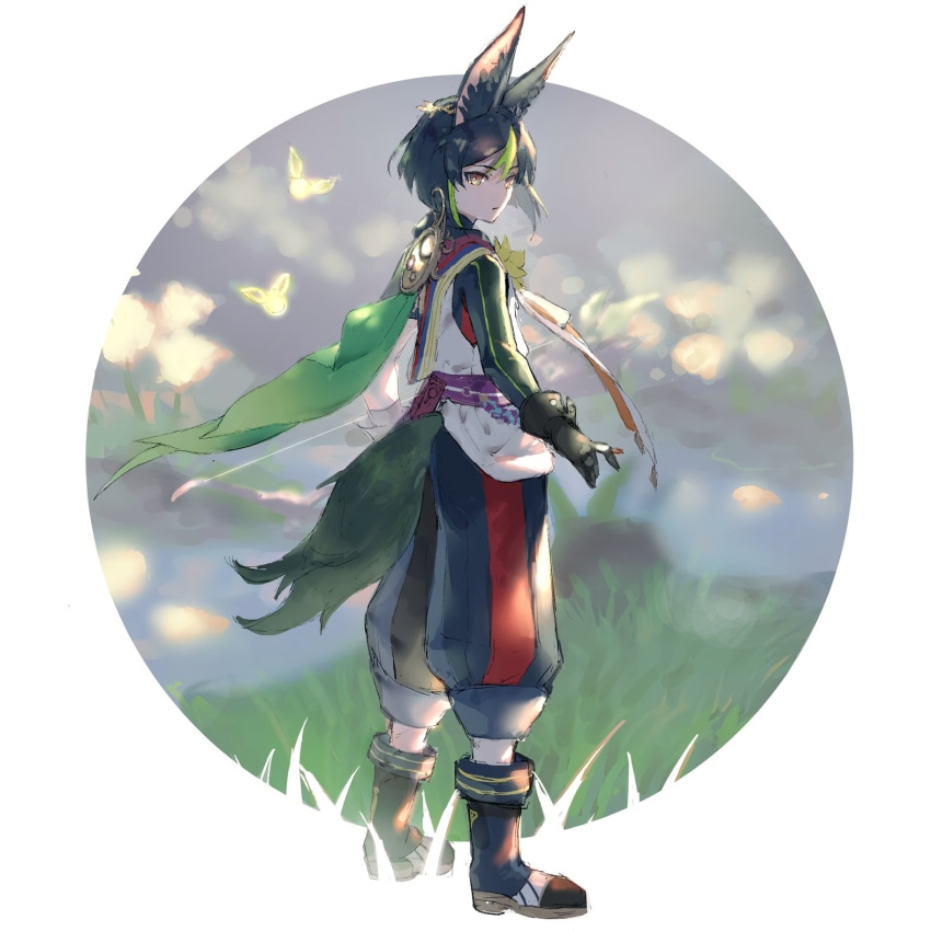 1boy, animal_ears, baggy_pants, black_gloves, black_hair, black_pants, boots, border