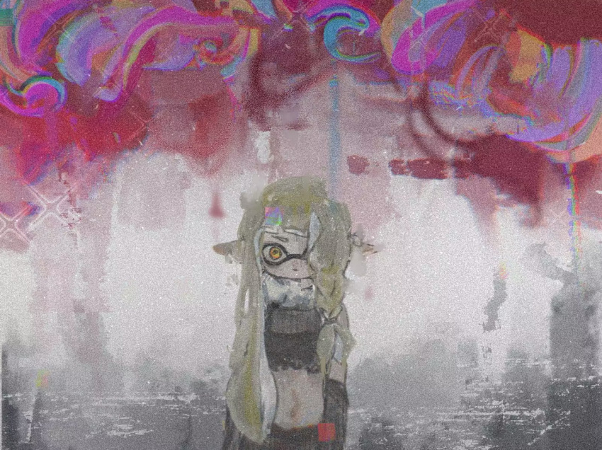 1girl, agent_3_(splatoon_3), arm_warmers, asymmetrical_hair, black_arm_warmers, black_shirt, blonde_hair, braid