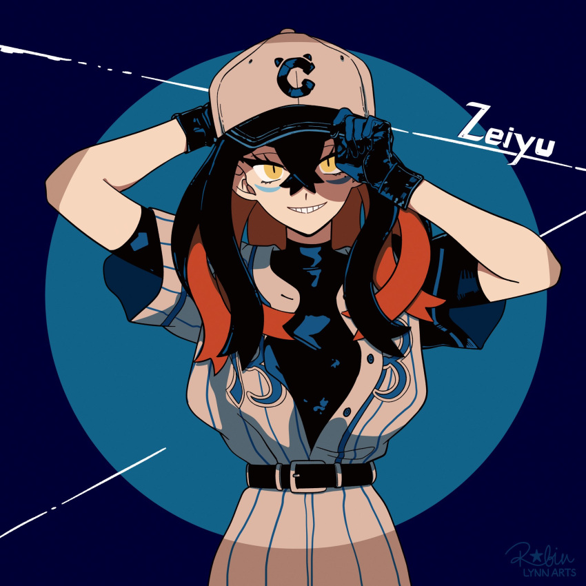 1girl, adjusting_clothes, adjusting_headwear, ado_(utaite), baseball_cap, baseball_uniform, belt, belt_buckle