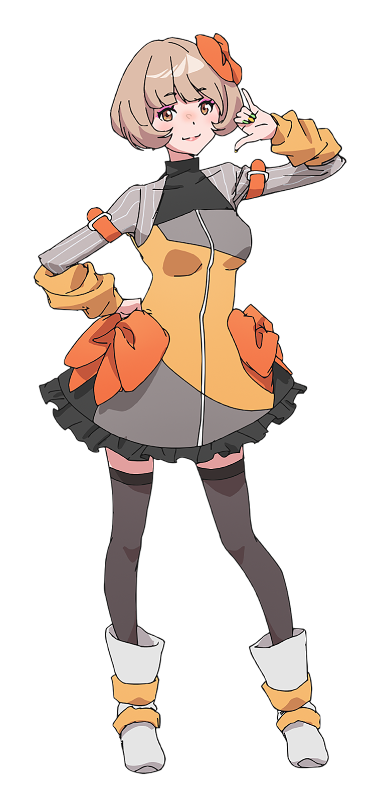 1girl, \n/, arm_strap, black_thighhighs, boots, bow, breasts, brown_eyes