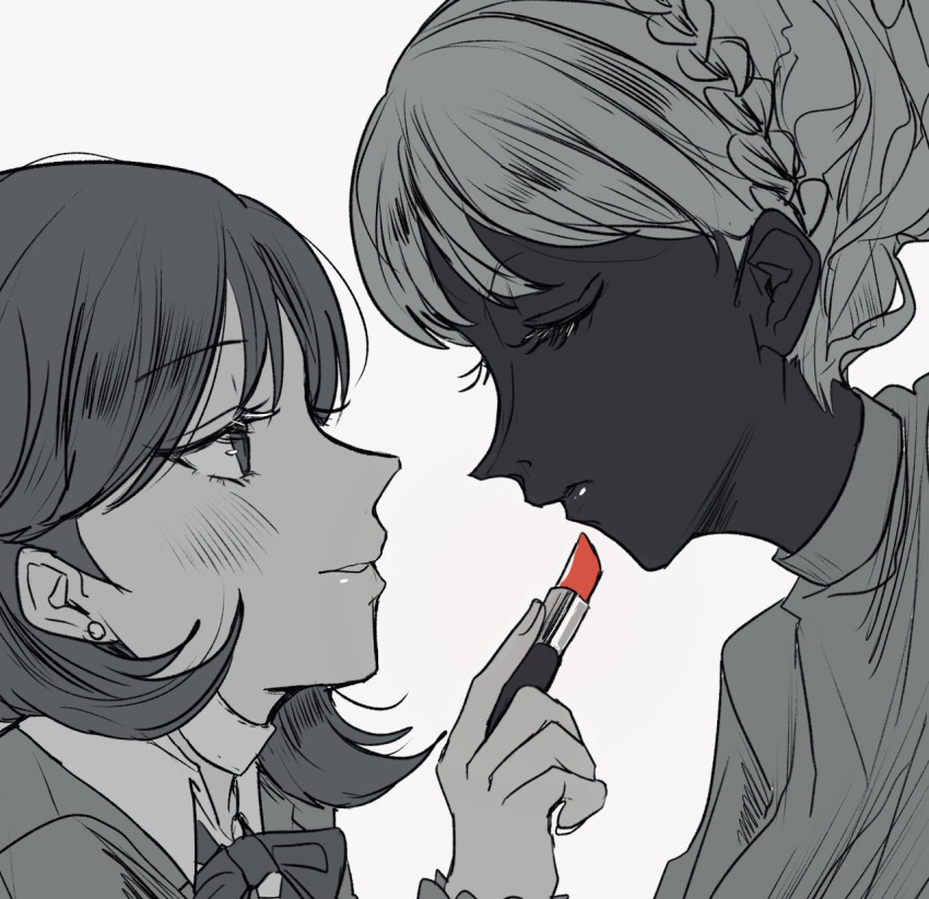 2girls, blush, bow, bowtie, braid, cardigan, choker, close-up