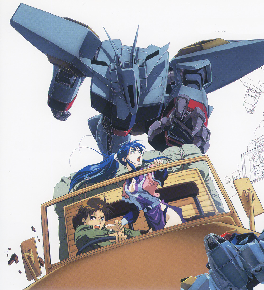 1990s_(style), 1boy, 1girl, artist_request, blue_hair, brown_hair, concept_art, damaged
