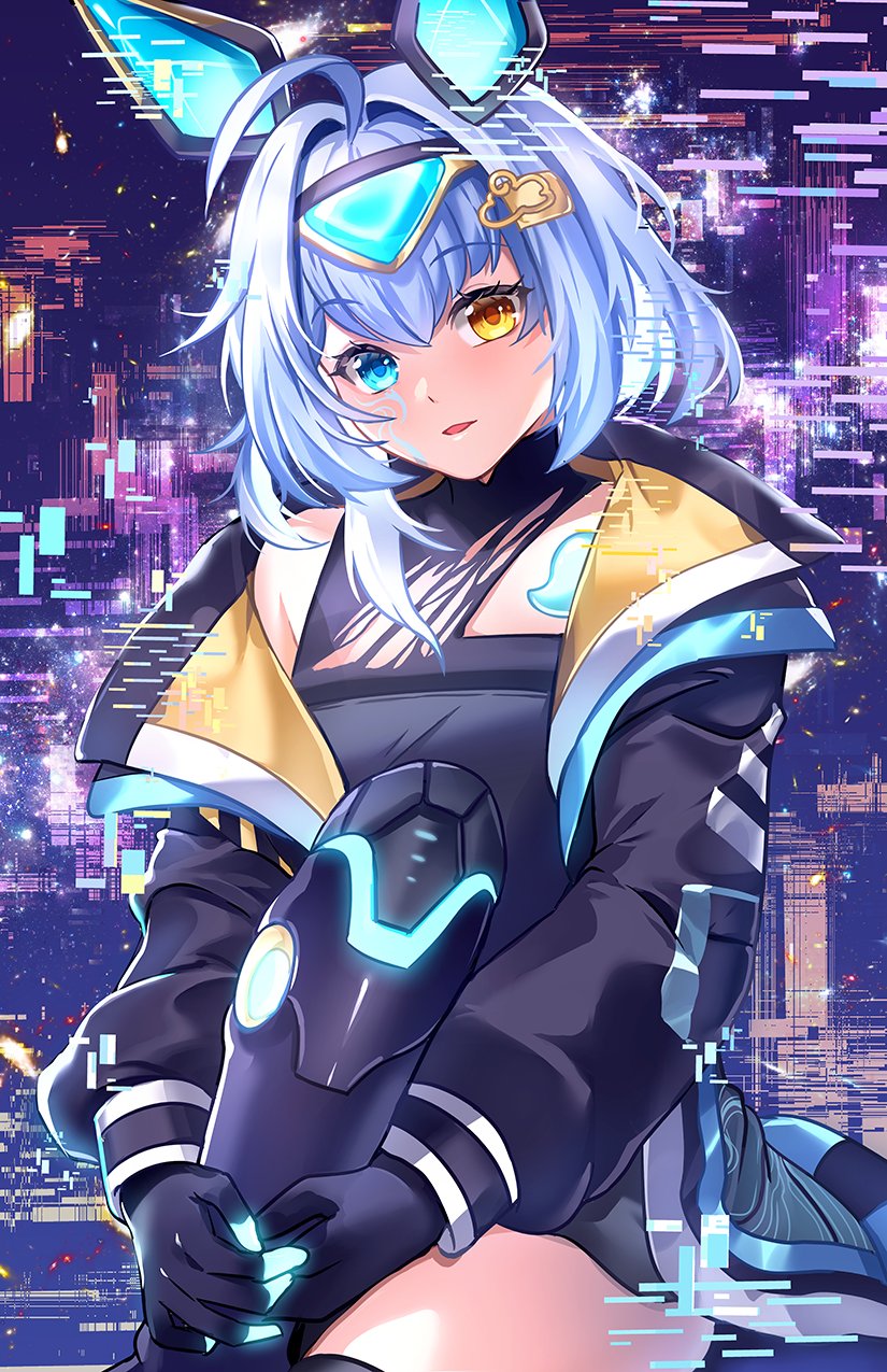 1girl, ahoge, animal_ears, black_dress, black_gloves, black_jacket, blue_eyes, blue_hair
