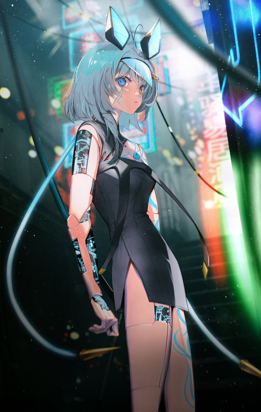 1girl, absurdres, ahoge, animal_ears, arms_at_sides, black_dress, blue_eyes, blue_hair