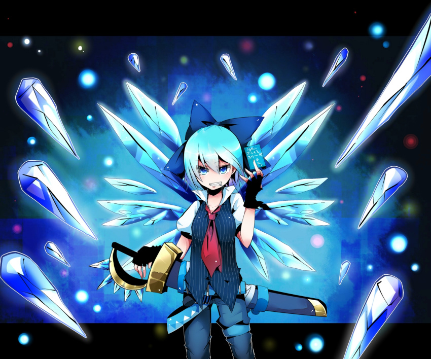 adapted_costume, blue_eyes, blue_hair, bow, cirno, fingerless_gloves, gloves, hair_bow