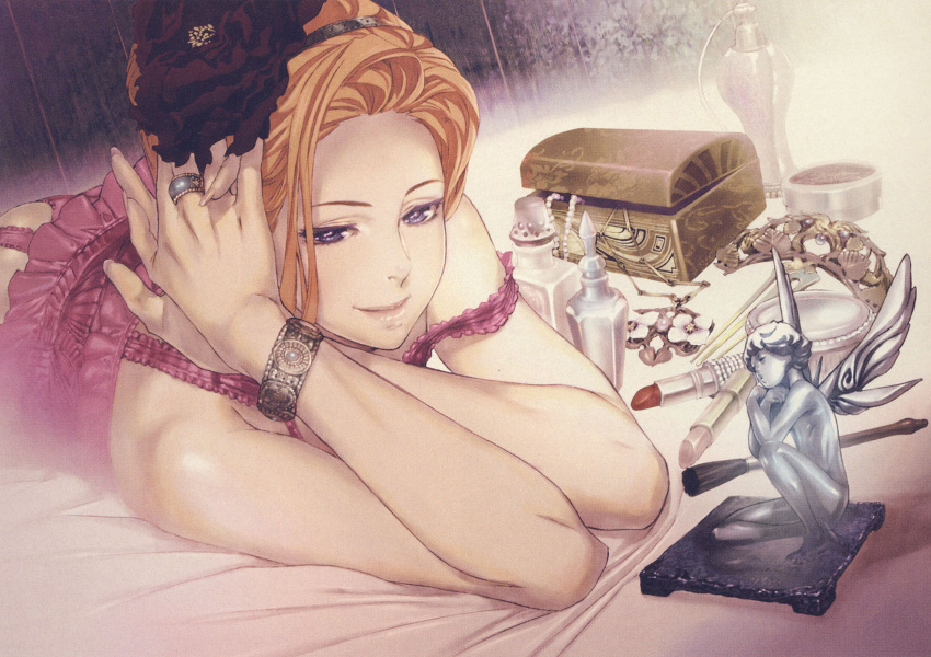 bracelet, character_request, fingernails, flower, frills, hair_flower, hair_ornament, hairband, highres, jewelry, lingerie, lips, lipstick, maeshima_shigeki, nails, orange_hair, renas_fleur, ring, shigeki_maeshima, solo, statue, strap_slip, tatakau_shisho, underwear