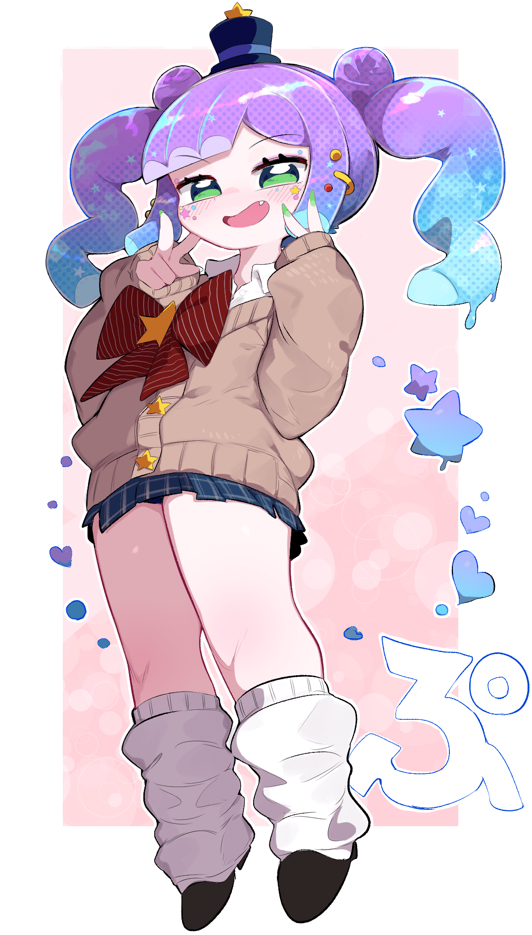 1girl, blue_hair, blunt_bangs, cardigan, double_bun, double_v, fang, gradient_hair