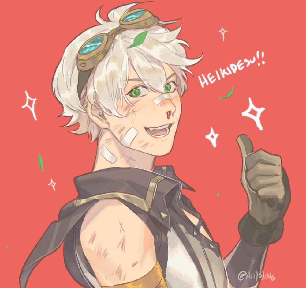 1boy, ahjojing, arm_at_side, bandaged_arm, bandages, bandaid, bandaid_on_cheek, bandaid_on_face, bandaid_on_neck, bandaid_on_nose, bare_shoulders, bennett_(genshin_impact), blood, collared_vest, cuts, fang, from_side, genshin_impact, gloves, goggles, goggles_on_head, green_eyes, grey_hair, hair_between_eyes, hand_up, injury, leaf, leaf_on_head, looking_at_viewer, male_focus, messy_hair, nosebleed, open_mouth, red_background, short_hair, simple_background, smile, solo, upper_body, vest
