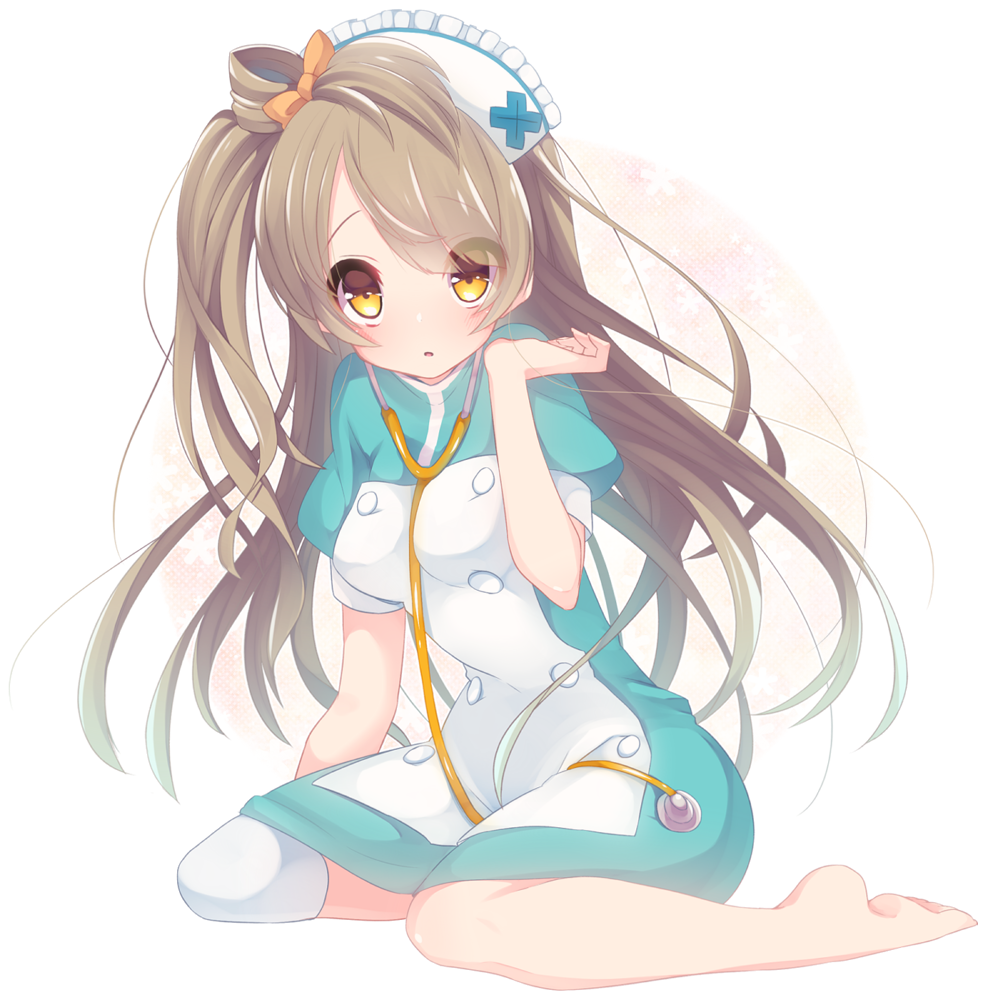 1girl, apron, barefoot, blue_dress, blue_sleeves, bow, brown_hair, buttons