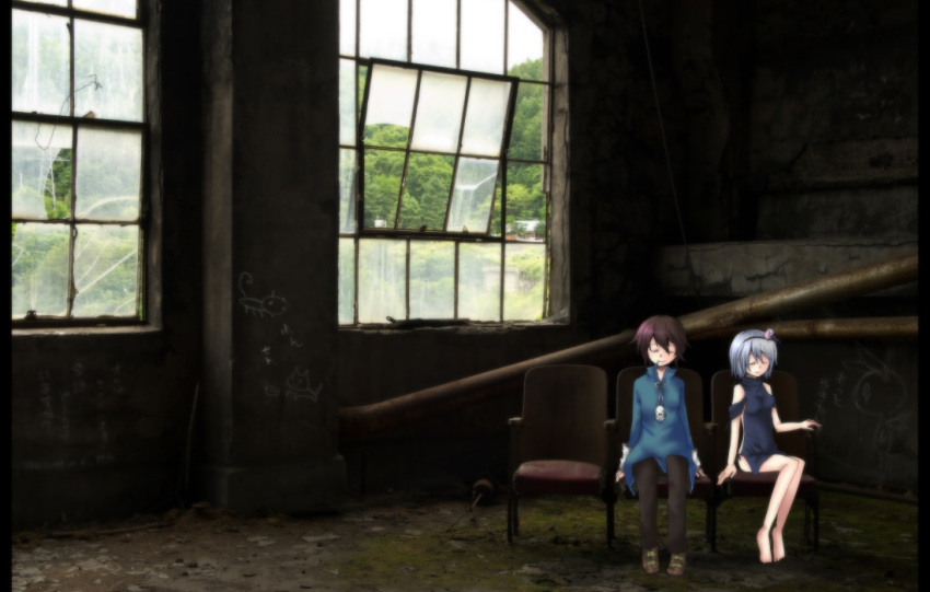 2girls, broken_glass, chair, closed_eyes, fragile, glass, kona_sleipnir, light_smile