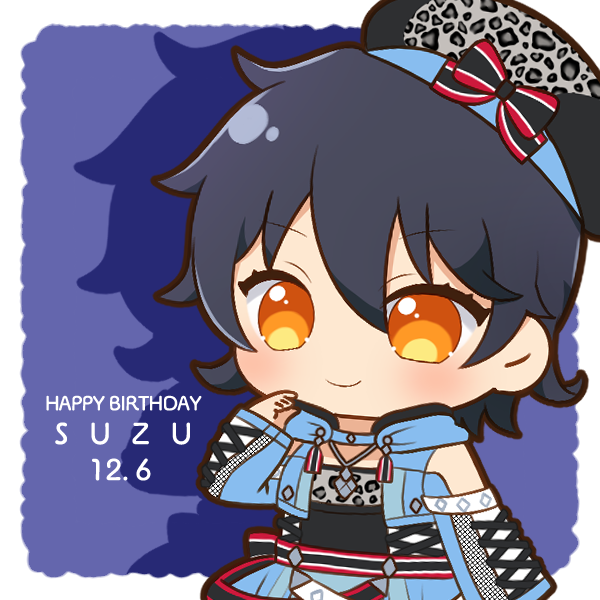 1girl, animal_print, beret, black_hair, black_headwear, blue_background, blue_jacket, blue_skirt