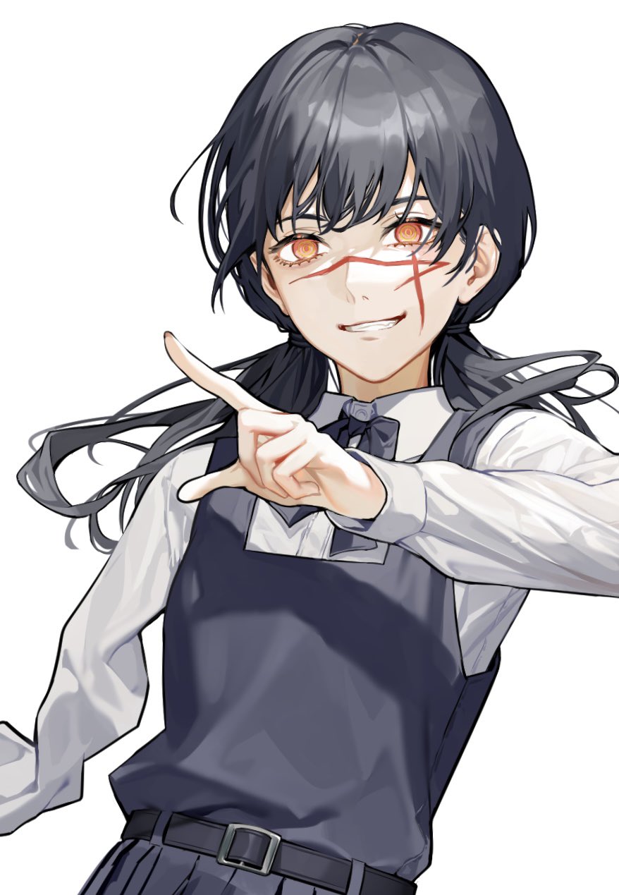 1girl, belt, black_hair, bow, bowtie, chainsaw_man, collared_shirt, cross_scar, dress, highres, long_sleeves, looking_at_viewer, low_twintails, missing_limb, one_arm, orange_eyes, pinafore_dress, pointing, ringed_eyes, scar, scar_on_cheek, scar_on_face, scar_on_nose, school_uniform, shi_niao, shirt, sleeveless, sleeveless_dress, smile, twintails, white_background, white_shirt, yoru_(chainsaw_man)
