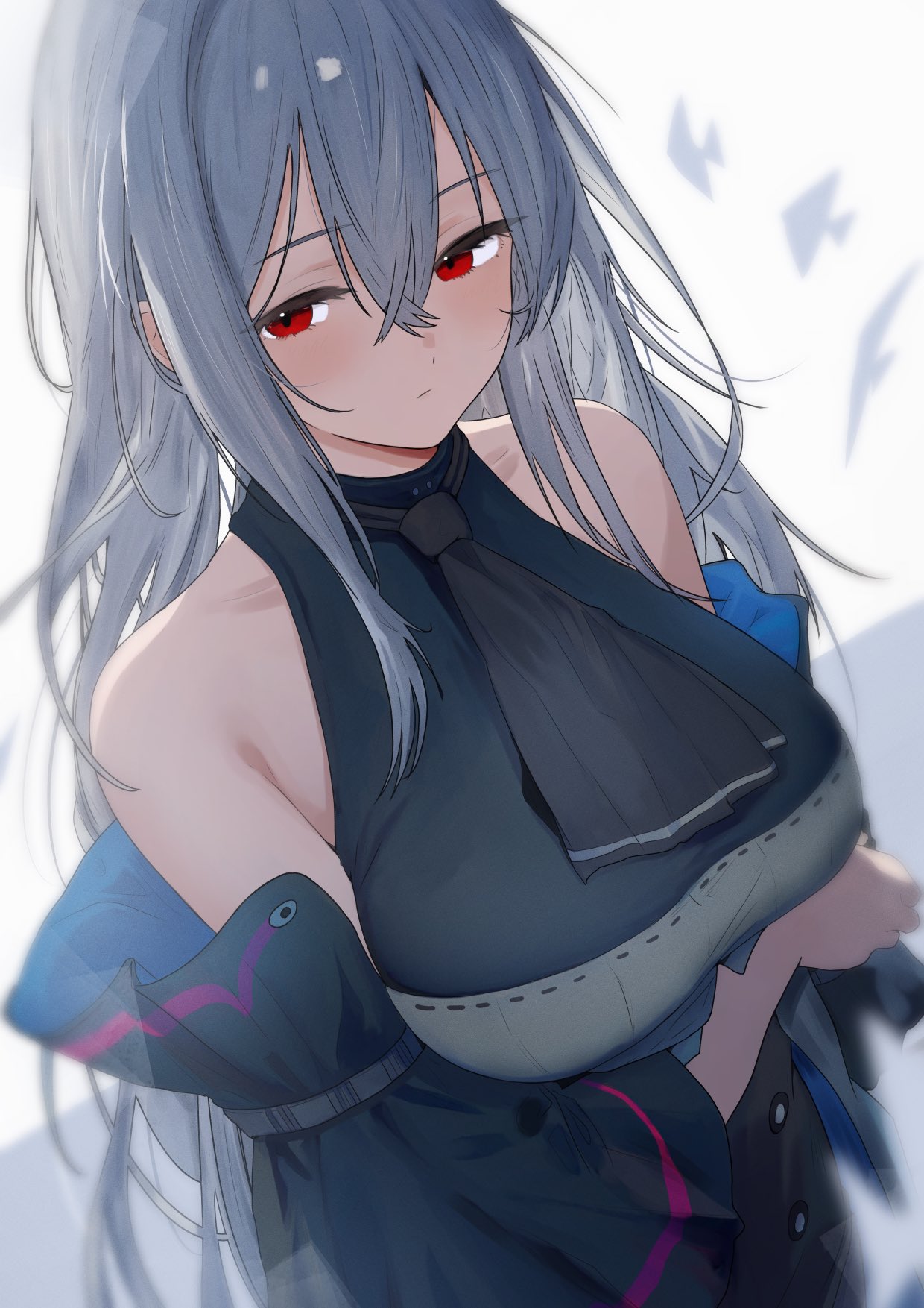1girl, arknights, arm_under_breasts, armpit_crease, ascot, bare_shoulders, black_ascot, black_shirt, black_sleeves, blush, breasts, commentary_request, cowboy_shot, crossed_bangs, detached_sleeves, grey_hair, hair_between_eyes, hair_over_shoulder, half-closed_eyes, highres, looking_at_viewer, loose_ascot, medium_breasts, messy_hair, pleated_sleeves, red_eyes, shirt, simple_background, skadi_(arknights), sleeveless, sleeveless_shirt, solo, sora_mame_(princess_0sora), white_background, wide_sleeves