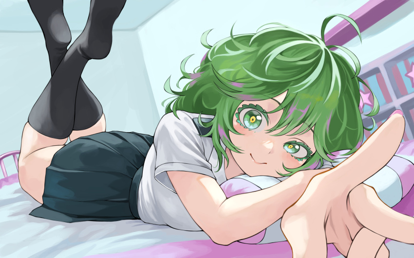1girl, absurdres, bed, bedroom, black_socks, boku_no_hero_academia, closed_mouth, feet_up