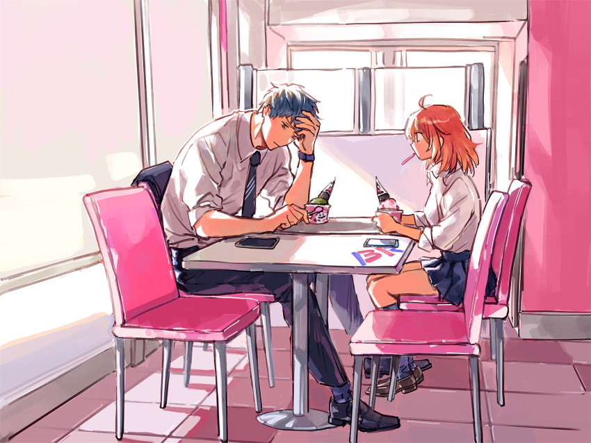 1boy, 1girl, ahoge, alternate_costume, black_footwear, blue_pants, blue_skirt, blue_socks