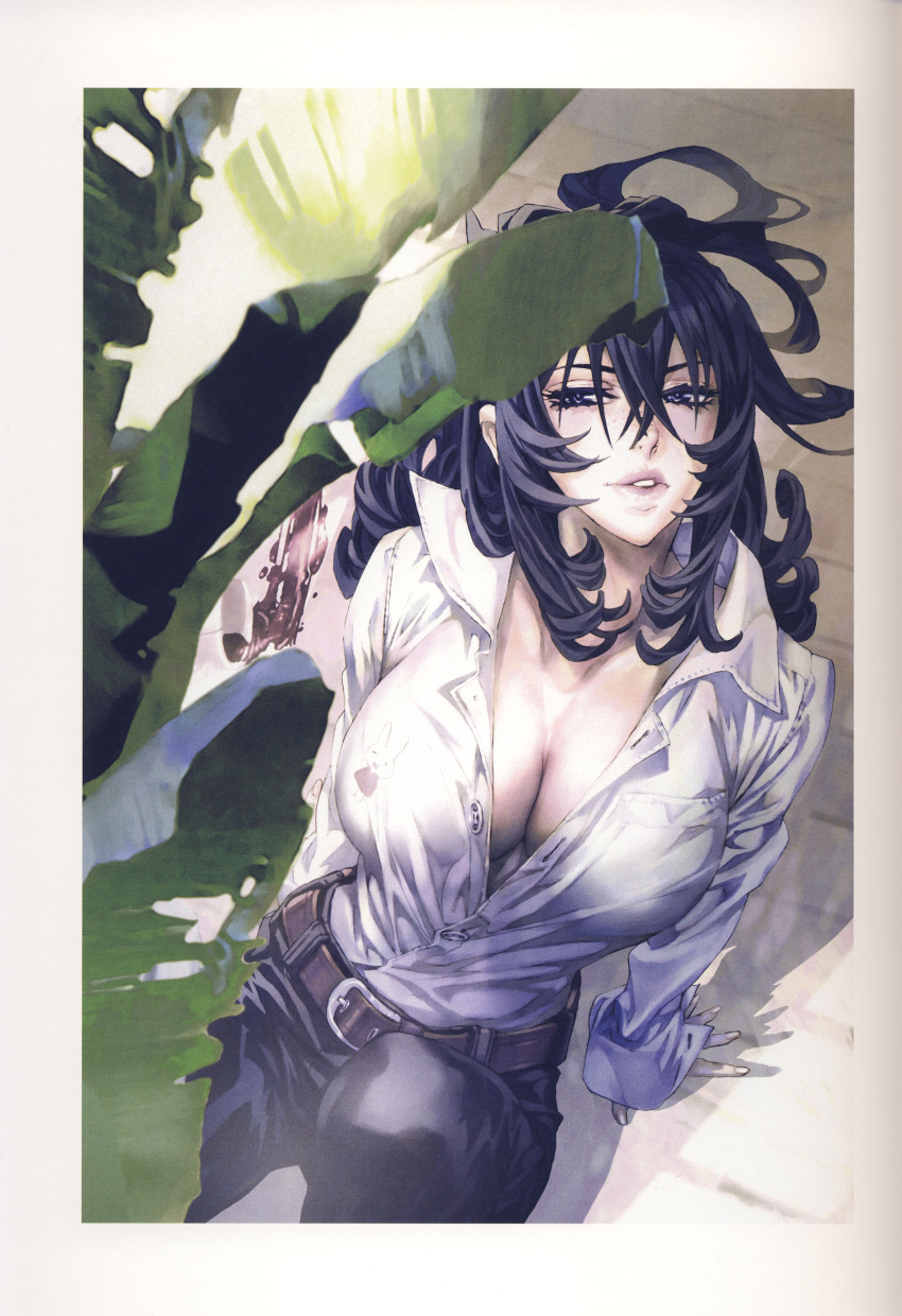 belt, black_eyes, black_hair, breasts, buckle, buttons, cleavage, collarbone