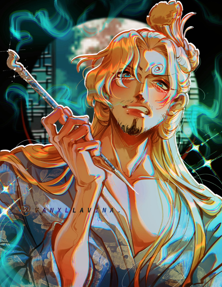 1boy, blonde_hair, chonmage, clenched_teeth, curly_eyebrows, english_commentary, facial_hair, goatee