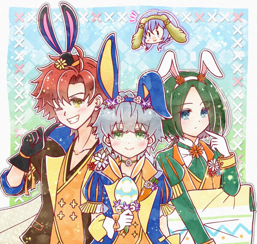 animal_ears, ashe_ubert, ashe_ubert_(spring), blue_eyes, blue_suit, brown_suit, easter, easter_egg