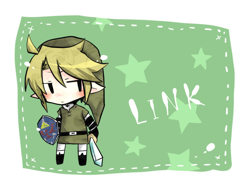 blush, chibi, kona_sleipnir, link, looking_away, pointy_ears, shield, short_hair