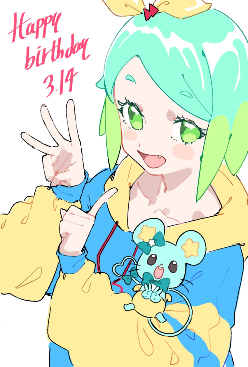 1girl, :d, blue_hair, blue_hoodie, blush, bow, chuppe, fang