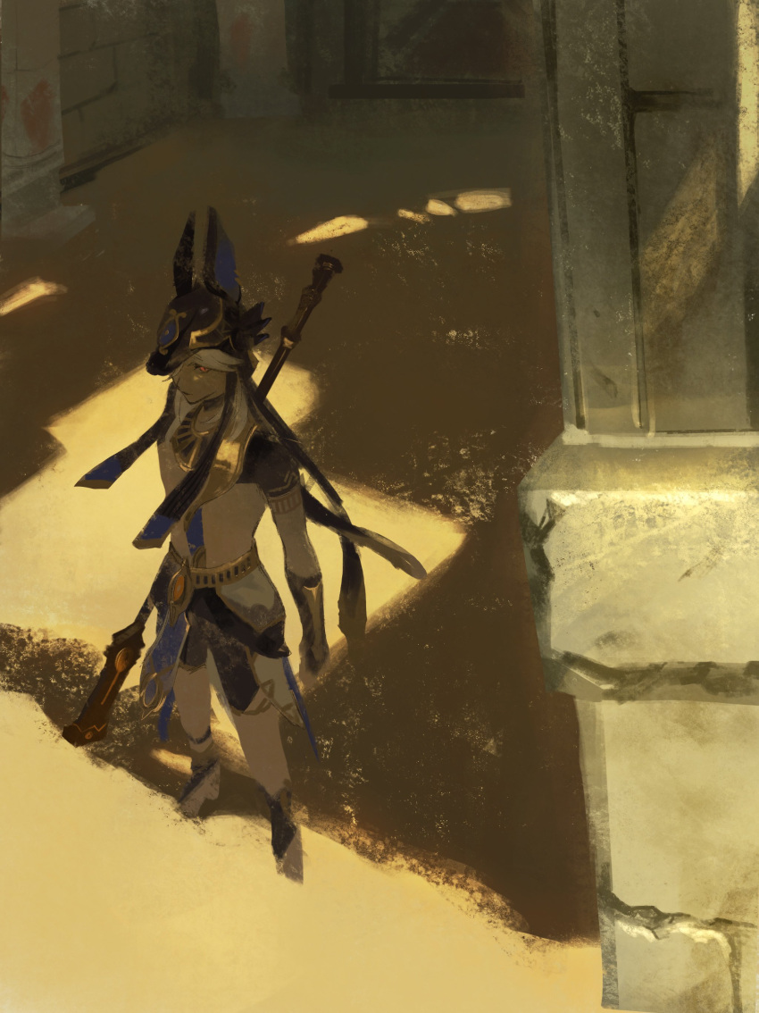 1boy, absurdres, animal_ears, animal_hat, cyno_(genshin_impact), dark-skinned_male, dark_skin, from_above