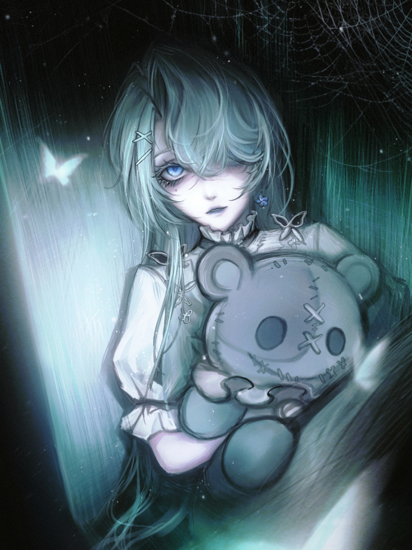 1girl, absurdres, bags_under_eyes, blue_eyes, bug, butterfly, chinese_commentary, commentary