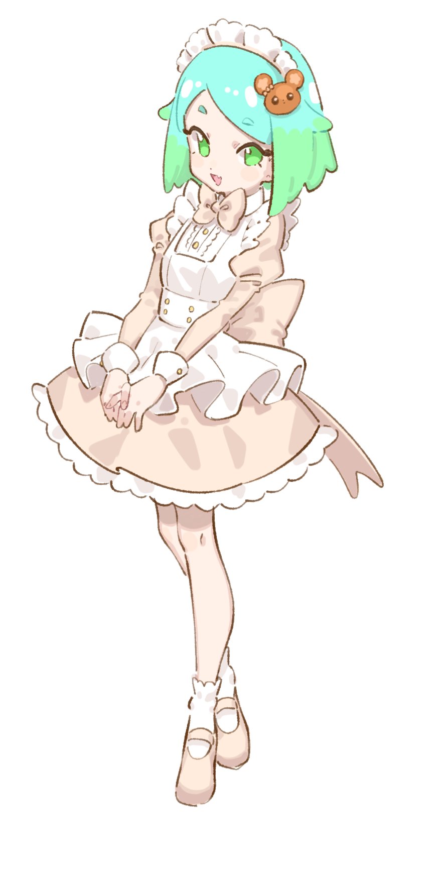 1girl, :d, apron, blue_hair, brown_dress, brown_footwear, character_hair_ornament, chuppe
