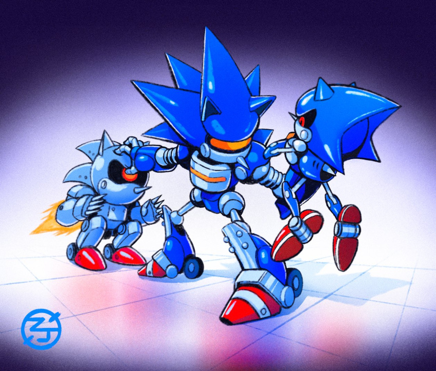 assault_visor, english_commentary, fighting, fire, humanoid_robot, lifting_person, looking_down, mecha_sonic_mki, mecha_sonic_mkii, metal_sonic, no_humans, one-eyed, red_eyes, robot, shadow, sonic_(series), sonic_cd, sonic_the_hedgehog_(classic), sonic_the_hedgehog_2, spikes, the_congressman