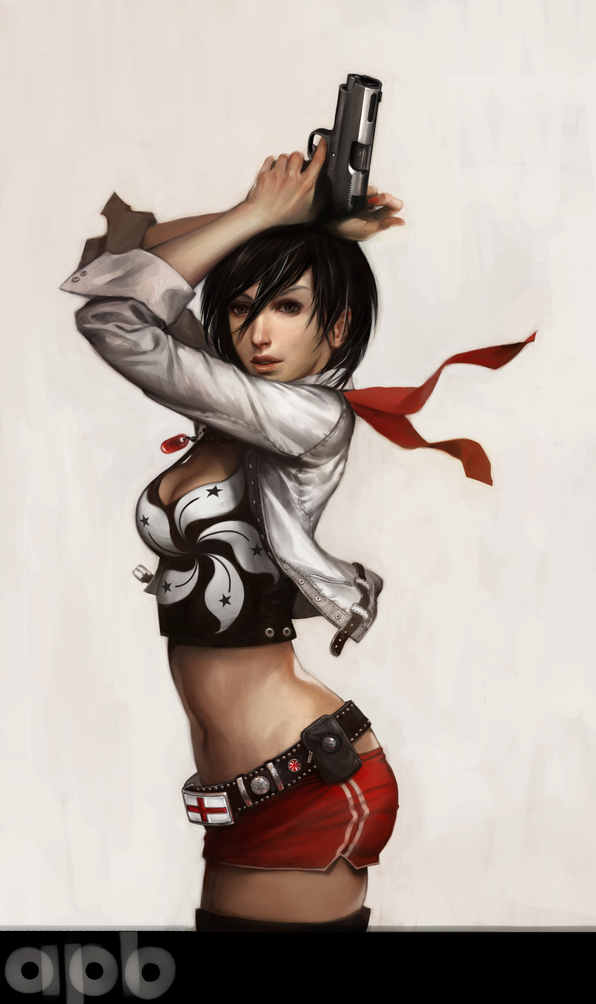 all_points_bulletin, arnold_tsang, belt, black_eyes, black_hair, bolero, breasts, cleavage, crop_top, cross, dog_tags, gun, handgun, highres, jewelry, m1911, midriff, nail_polish, navel, necklace, pistol, short_shorts, shorts, solo, thigh-highs, thighhighs, weapon