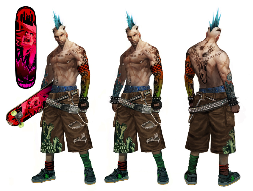 absurdres, all_points_bulletin, arnold_tsang, belt, blue_hair, bracelet, chain, earrings