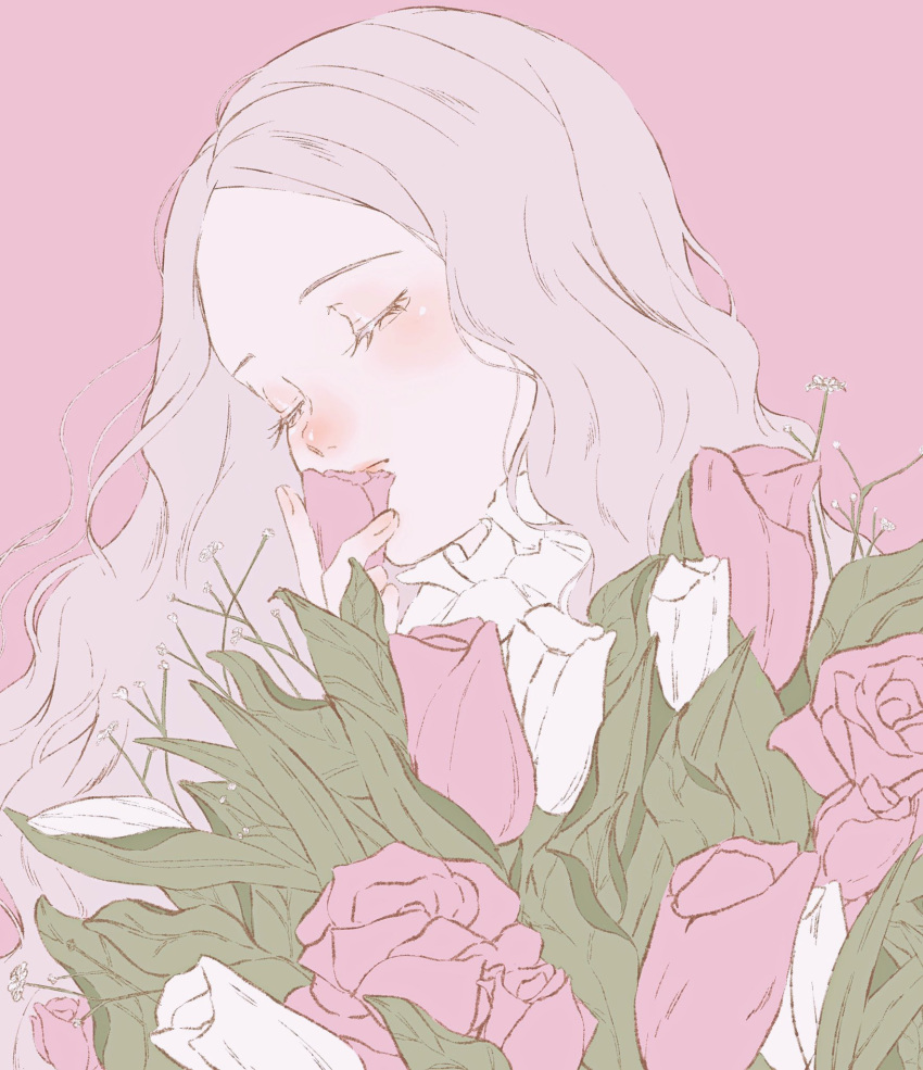 1girl, baby's-breath, closed_eyes, closed_mouth, dress, eyelashes, flower, grey_hair