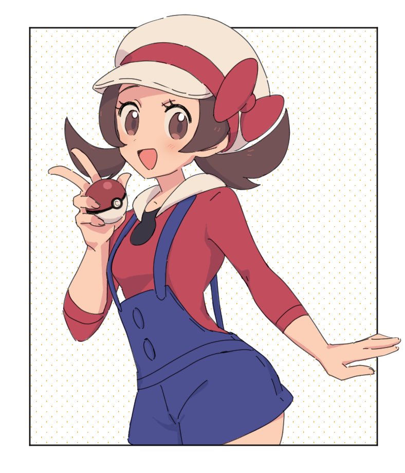 1girl, :d, blue_overalls, bow, brown_eyes, brown_hair, cabbie_hat, cowboy_shot