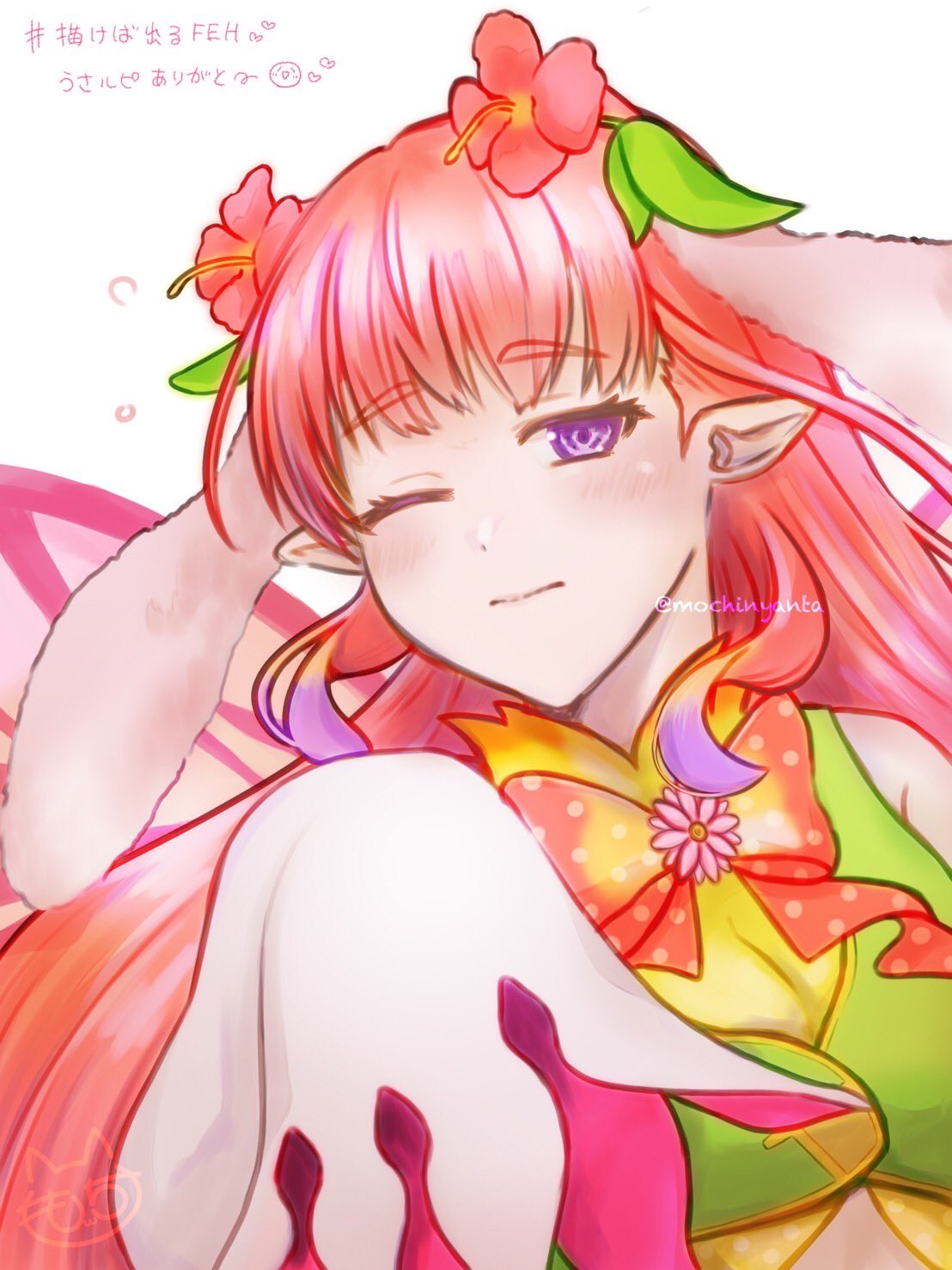animal_ears, fairy, fairy_wings, fake_animal_ears, fire_emblem, fire_emblem_heroes, flower, hair_flower, hair_ornament, highres, mirabilis_(fire_emblem), mirabilis_(spring)_(fire_emblem), mochinyanta, official_alternate_costume, pointy_ears, rabbit, rabbit_ears, sleeves_past_fingers, sleeves_past_wrists, very_long_sleeves, violet_eyes, wings