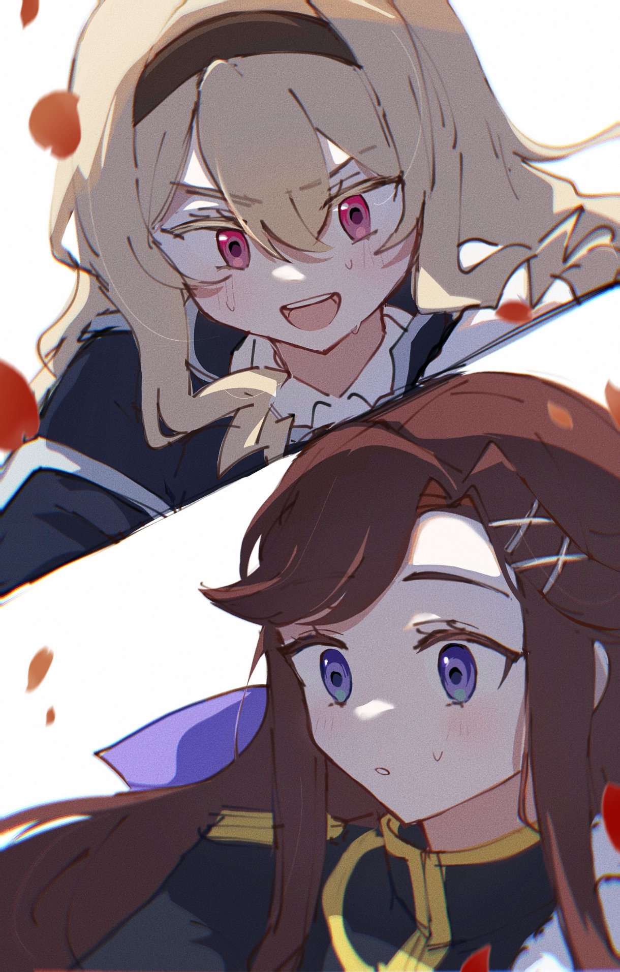 2girls, black_hairband, black_jacket, blonde_hair, brown_hair, chinese_commentary, commentary_request, falling_petals