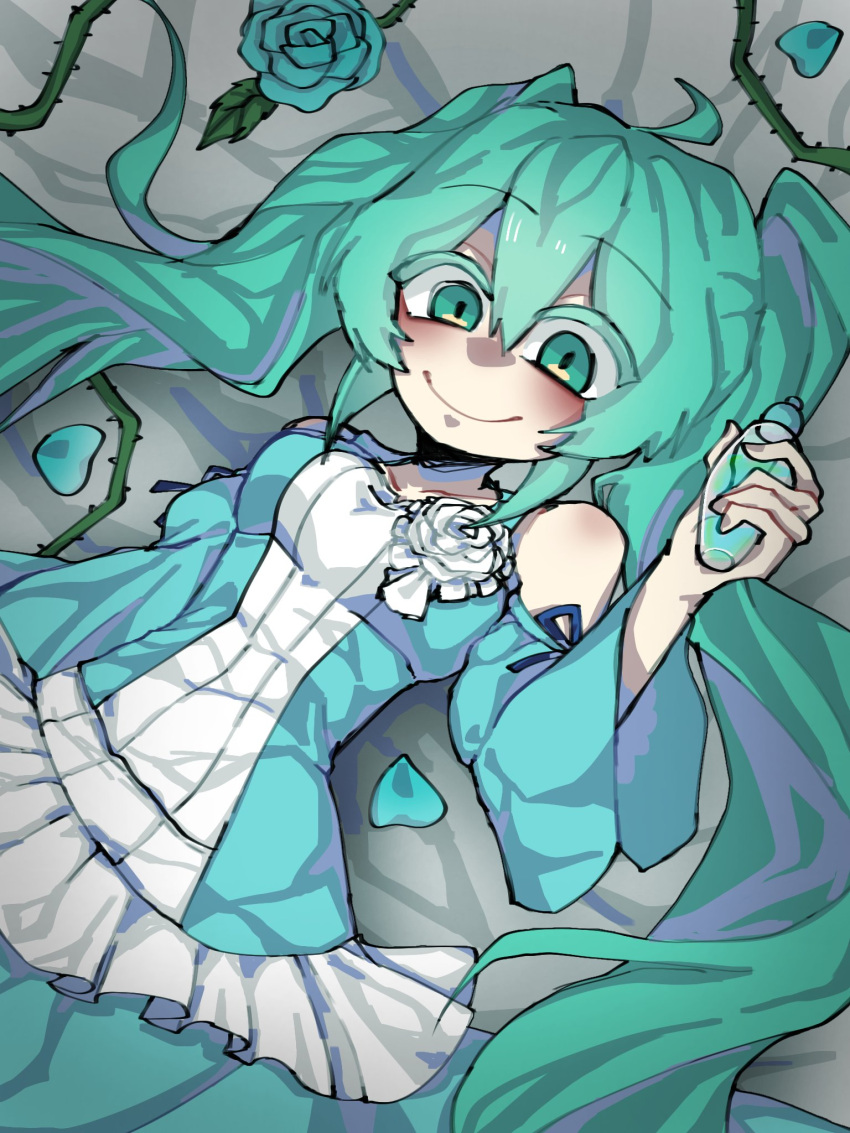 ahoge, aqua_eyes, aqua_rose, bare_shoulders, bottle, cassdecolette, clothing_cutout, colored_eyelashes
