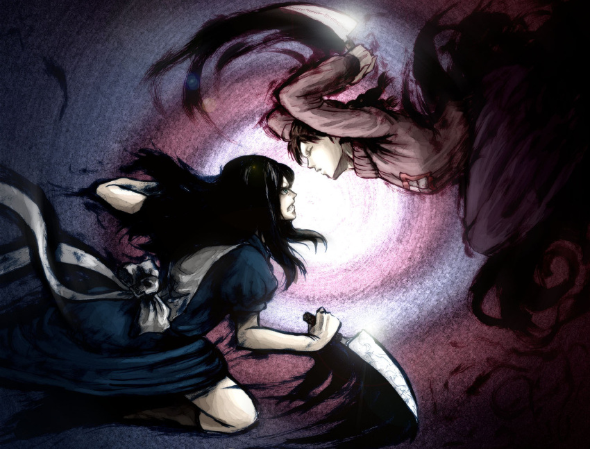 alice_(wonderland), alice_in_wonderland, american_mcgee's_alice, american_mcgee's_alice, black_hair, boots, braid, brown_hair, ceramic_man, crossover, knife, long_hair, madotsuki, multiple_girls, parody, street_fighter, street_fighter_iv, twin_braids, yume_nikki