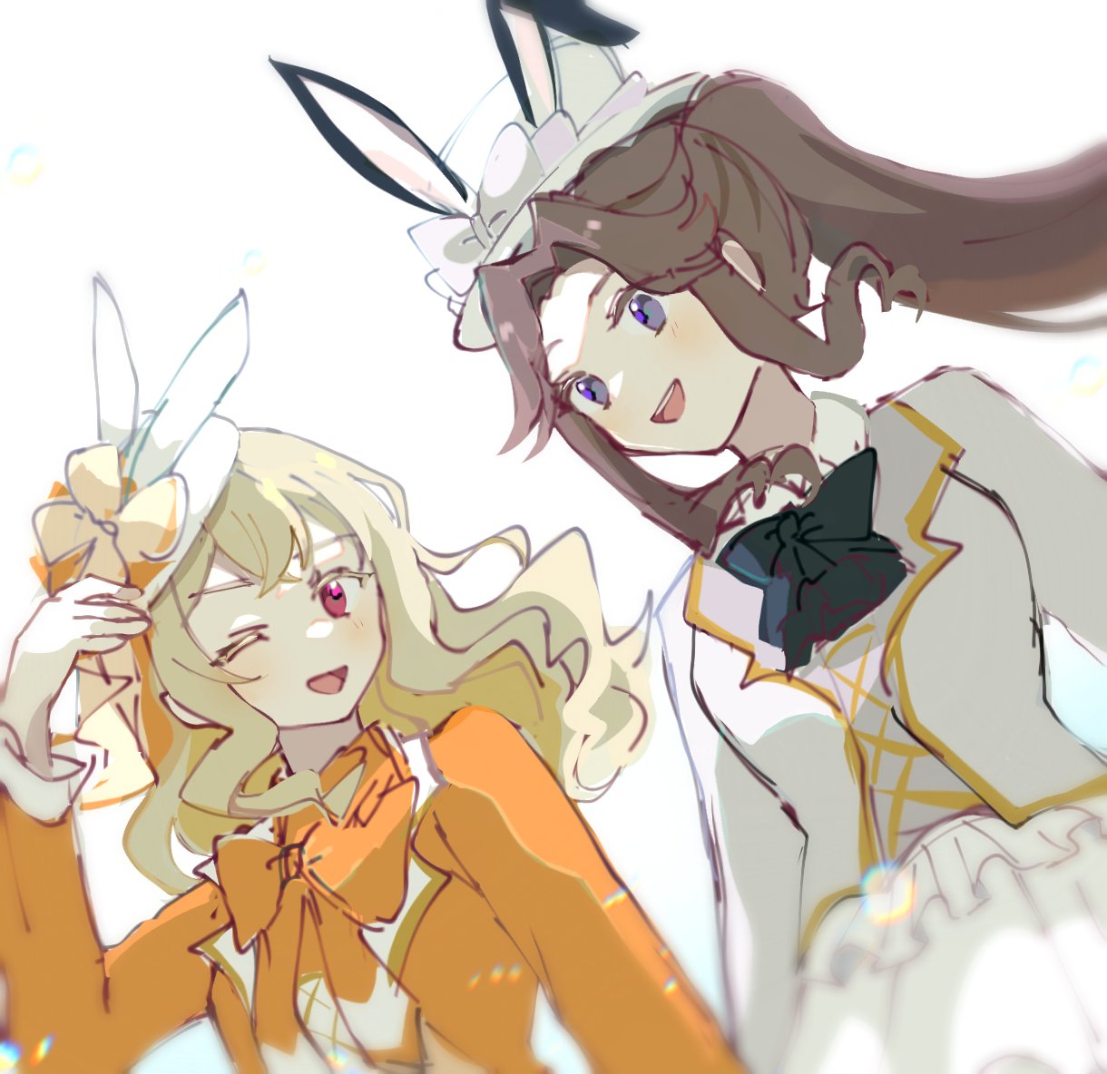2girls, animal_ears, ascot, black_ascot, blonde_hair, bow, bowtie, brown_hair, fake_animal_ears, hao02909434040, jacket, long_hair, long_sleeves, looking_at_another, multiple_girls, one_eye_closed, open_mouth, orange_bow, orange_bowtie, orange_jacket, pink_eyes, rabbit_ears, saijou_claudine, shirt, shoujo_kageki_revue_starlight, simple_background, skirt, smile, tendou_maya, upper_body, violet_eyes, white_background, white_headwear, white_jacket, white_shirt, white_skirt