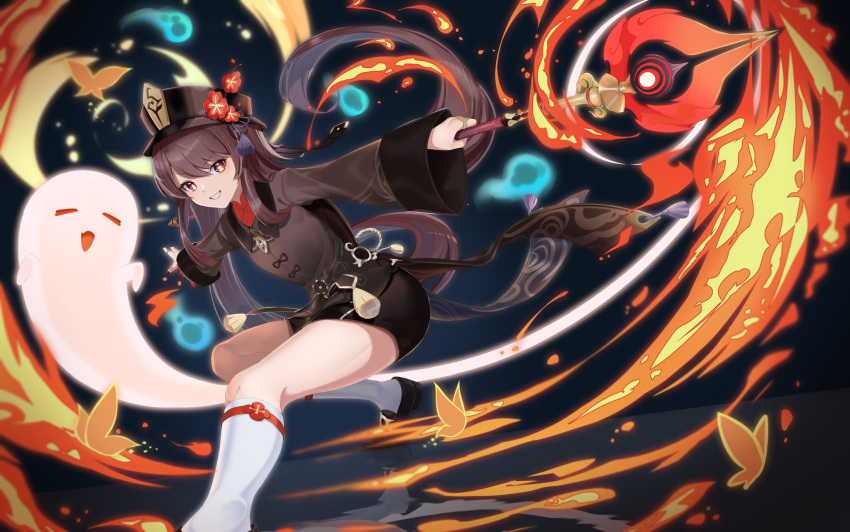 1girl, arurire, black_footwear, black_headwear, black_nails, black_shorts, boo_tao_(genshin_impact), brown_coat