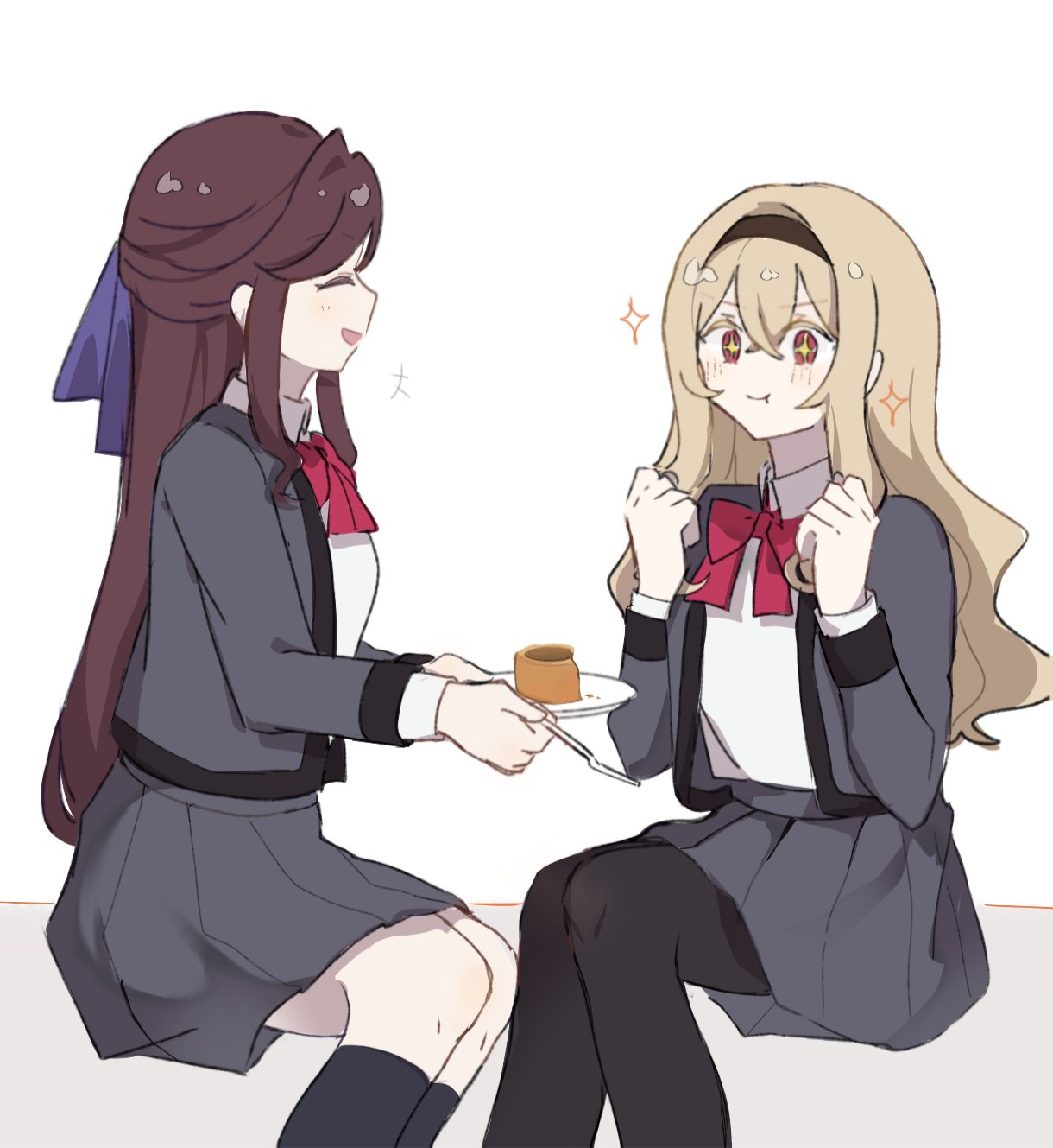 2girls, black_pantyhose, black_socks, blonde_hair, bow, bowtie, brown_hair, chewing