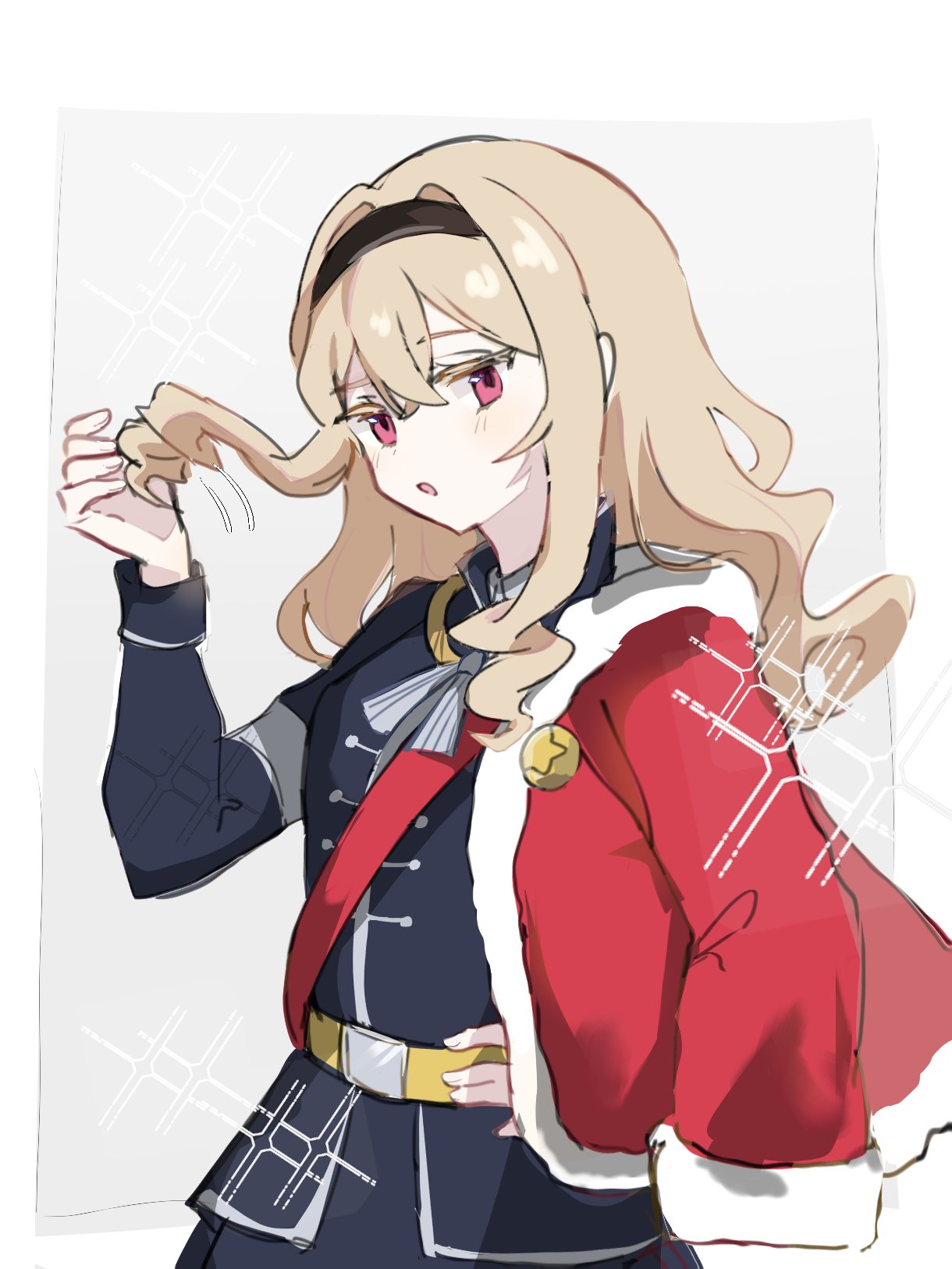 1girl, aiguillette, belt, black_hairband, black_jacket, blonde_hair, cape, commentary_request