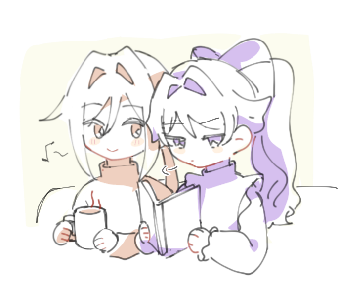 2girls, blush_stickers, book, closed_mouth, coffee_mug, commentary_request, cup, eighth_note