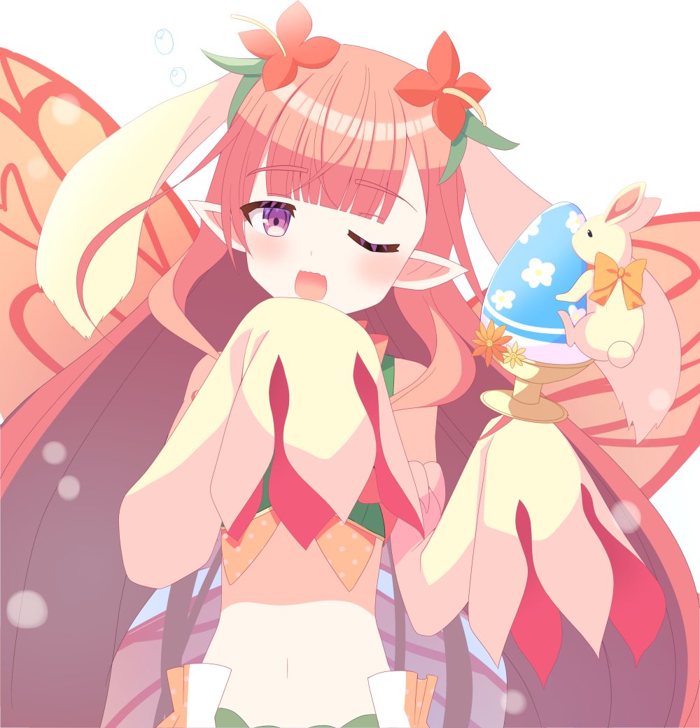 1girl, animal_ears, egg, fairy, fairy_wings, fake_animal_ears, fire_emblem, fire_emblem_heroes, flower, hair_flower, hair_ornament, midriff, mirabilis_(fire_emblem), mirabilis_(spring)_(fire_emblem), official_alternate_costume, pointy_ears, rabbit_ears, shira_yu_ki, sleeves_past_fingers, sleeves_past_wrists, solo, very_long_sleeves, wings