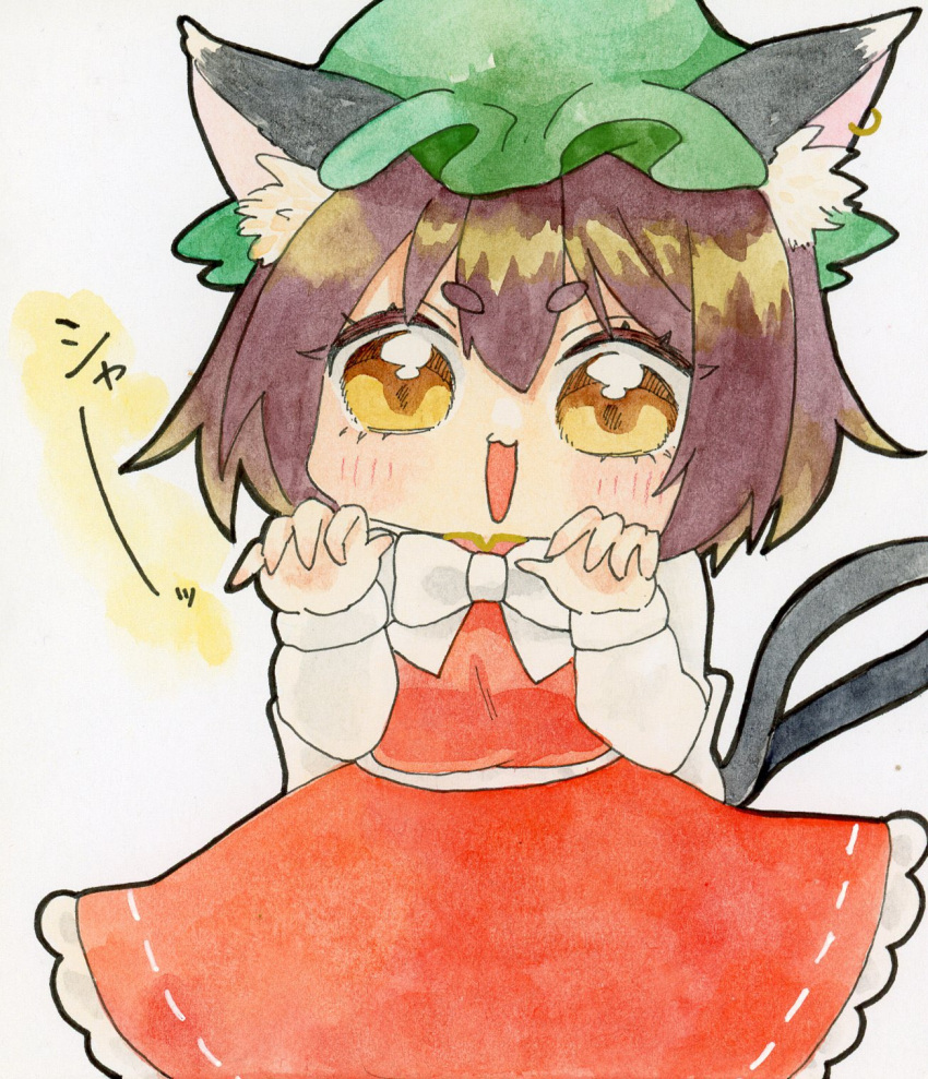 1girl, :3, :d, animal_ear_fluff, animal_ear_piercing, animal_ears, blush, bow, bowtie, brown_eyes, brown_hair, cat_ears, cat_tail, chen, chibi, claw_pose, commentary_request, dress, earrings, frills, gao, green_headwear, hair_between_eyes, hands_up, hat, highres, jewelry, long_sleeves, mob_cap, multiple_tails, nekomata, open_mouth, pppppks, red_dress, short_hair, simple_background, single_earring, smile, solo, tail, touhou, two_tails, v-shaped_eyebrows, white_background, white_bow, white_bowtie